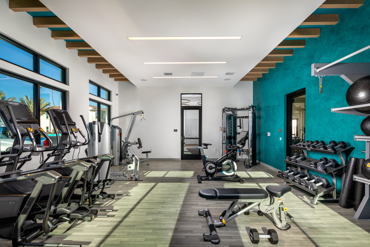 1 BR Apartments in Riverside, CA - The Hawthorne - Fitness Center with Free Weights, Cardio Equipment, and Exercise Balls